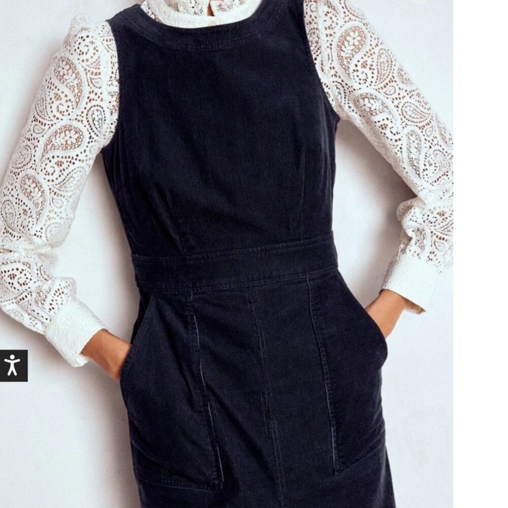 Boden Navy Midi Pinafore Dress with White Lace Sleeve Top - Picture 2 of 10